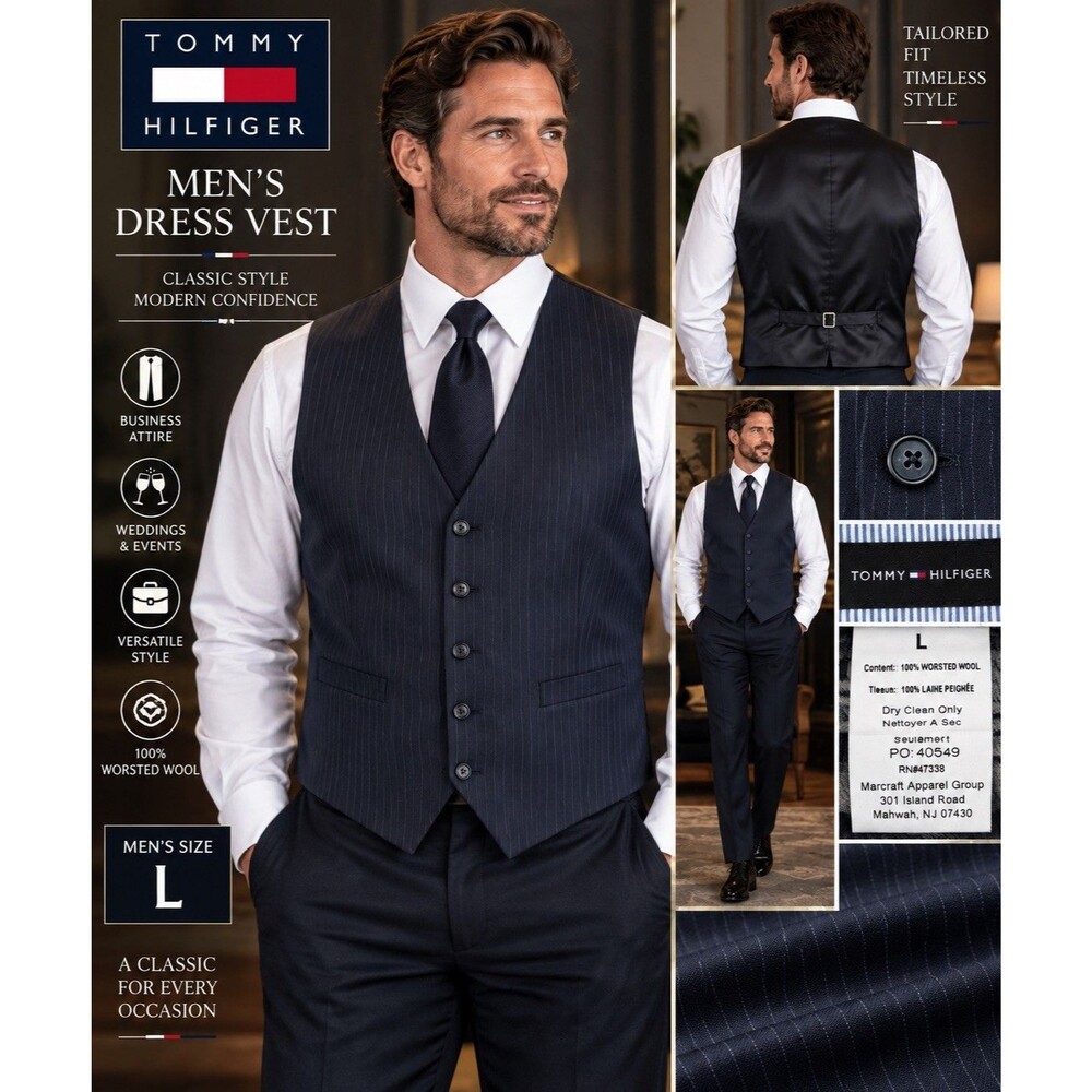 Tommy Hilfiger Men’s Vest L Navy Pinstripe 100% Worsted Wool Dress Suit Formal